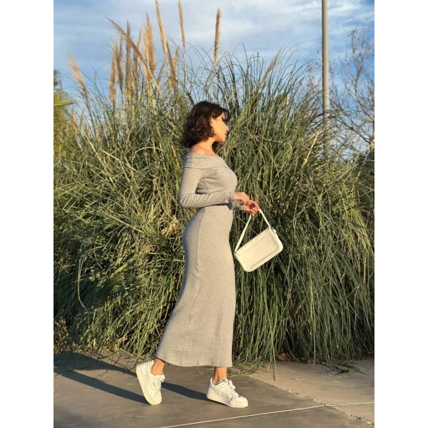 BİÇOMİ Madonna yaka uzun elbise şardonlu kumaş gri w3753