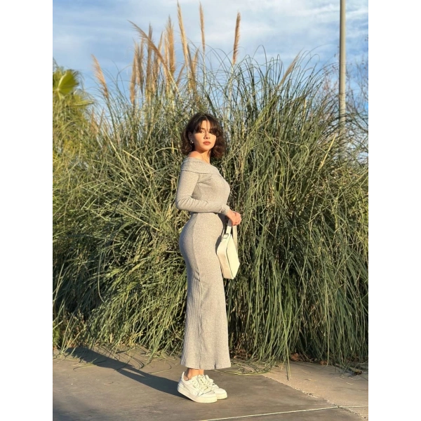 BİÇOMİ Madonna yaka uzun elbise şardonlu kumaş gri w3753