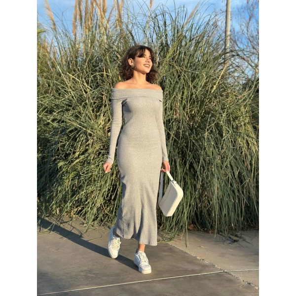 BİÇOMİ Madonna yaka uzun elbise şardonlu kumaş gri w3753