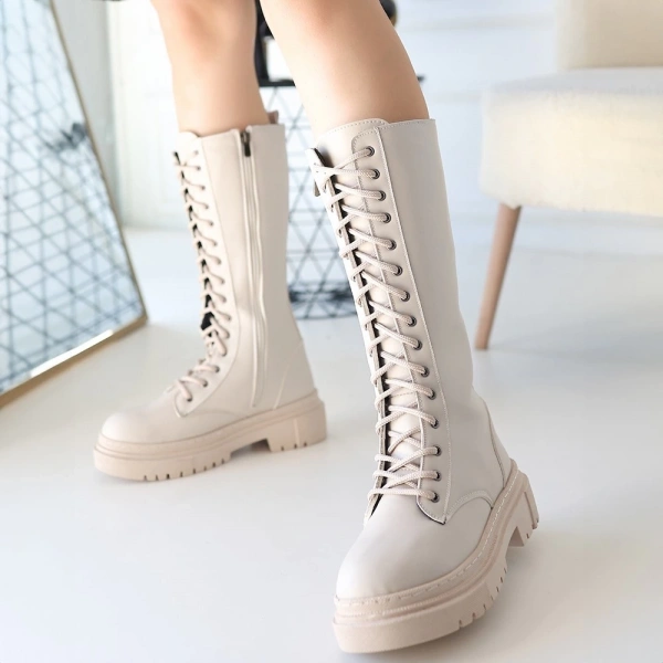 BİÇOMİ Mennd Bej Cilt Bağcıklı Çizme