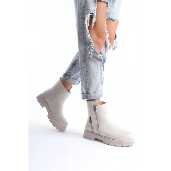 BİÇOMİ Menta Bej Cilt Fermuar Aksesuarlı Bot