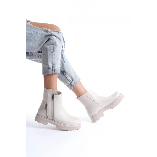 BİÇOMİ Menta Bej Cilt Fermuar Aksesuarlı Bot