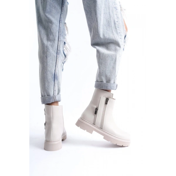 BİÇOMİ Menta Bej Cilt Fermuar Aksesuarlı Bot