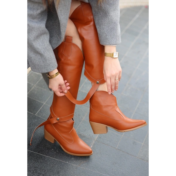 BİÇOMİ Milla Taba Cilt Tak Çıkar Topuklu Bot Ve Çizme