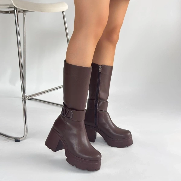 BİÇOMİ Moki Kahverengi Cilt Topuklu Çizme