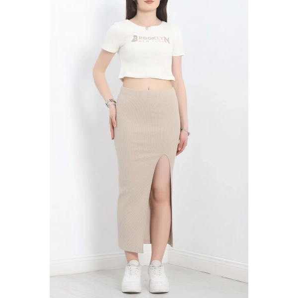 BİÇOMİ Nakışlı etekli takım bej beyaz s3899