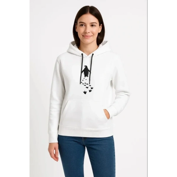 Biçomi Nihilist Penguen Temalı Oversize Kapüşonlu Sweatshirt - Beyaz