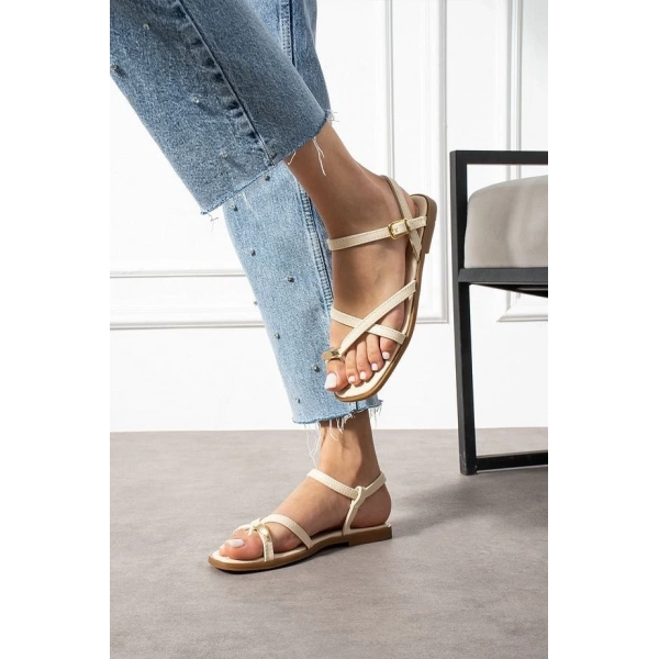 BİÇOMİ Nordi Bej Cilt Kemerli Sandalet