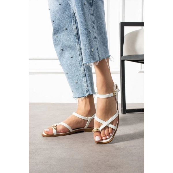 BİÇOMİ Nordi Beyaz Cilt Kemerli Sandalet