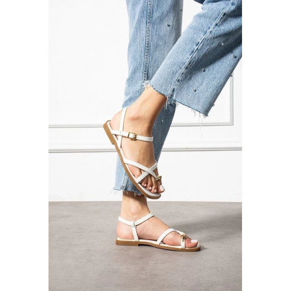 BİÇOMİ Nordi Beyaz Cilt Kemerli Sandalet