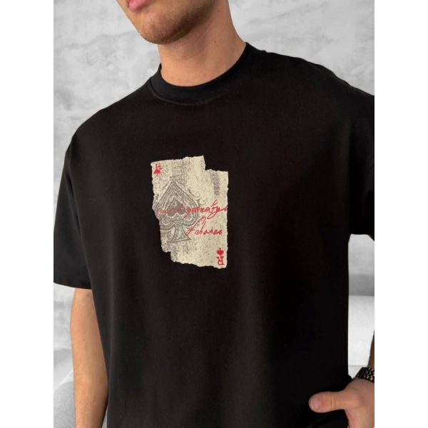 Biçomi Ön Ve Arka Baskılı Oversize Bisiklet Yaka T-shirt - Siyah