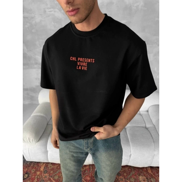Biçomi Ön Ve Arka Baskılı Oversize Bisiklet Yaka T-shirt- Siyah