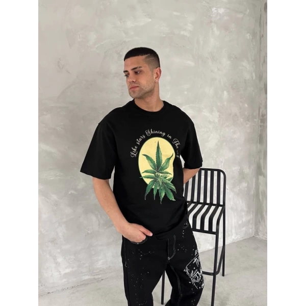 Biçomi Ön Ve Arka Baskılı Oversize Bisiklet Yaka T-shirt- Siyah