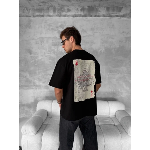 Biçomi Ön Ve Arka Baskılı Oversize Bisiklet Yaka T-shirt - Siyah