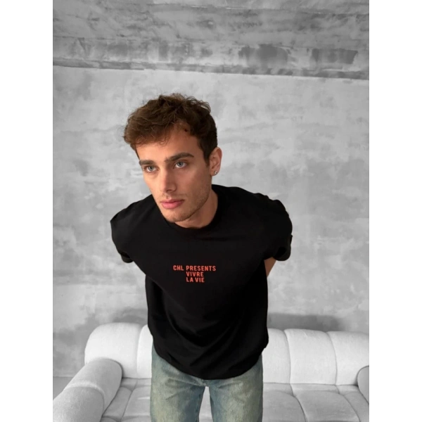 Biçomi Ön Ve Arka Baskılı Oversize Bisiklet Yaka T-shirt- Siyah