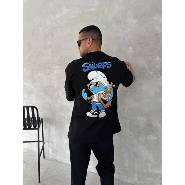 Biçomi Ön Ve Arka Baskılı Oversize Bisiklet Yaka T-shirt- Siyah