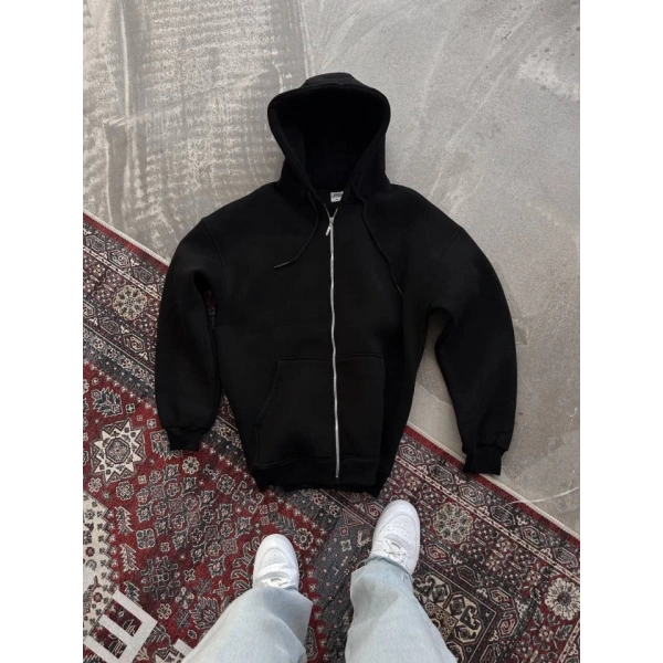 Biçomi Oversize Tam Fermuarlı Uzun Kol Hırka - Siyah