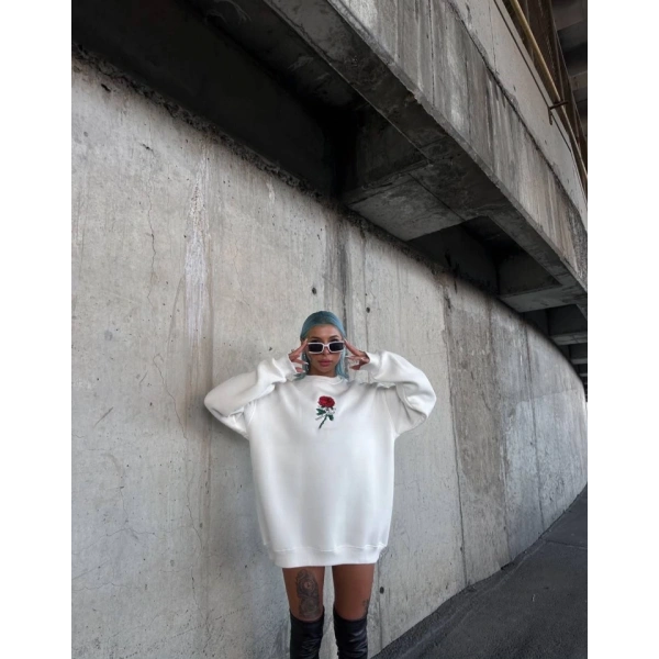 Biçomi Oversize Üç İplik Bisiklet Yaka Baskılı SweatShirt - Beyaz