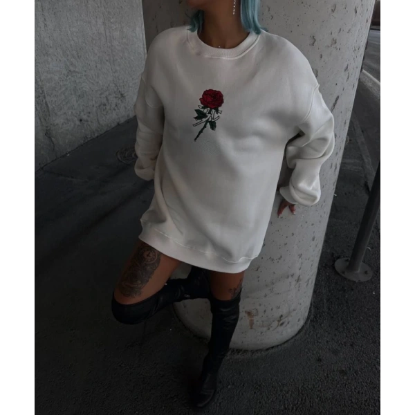 Biçomi Oversize Üç İplik Bisiklet Yaka Baskılı SweatShirt - Beyaz
