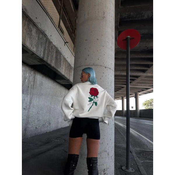 Biçomi Oversize Üç İplik Bisiklet Yaka Baskılı SweatShirt - Beyaz