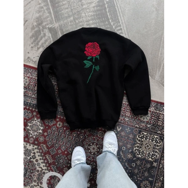 Biçomi Oversize Üç İplik Bisiklet Yaka Baskılı SweatShirt - Siyah