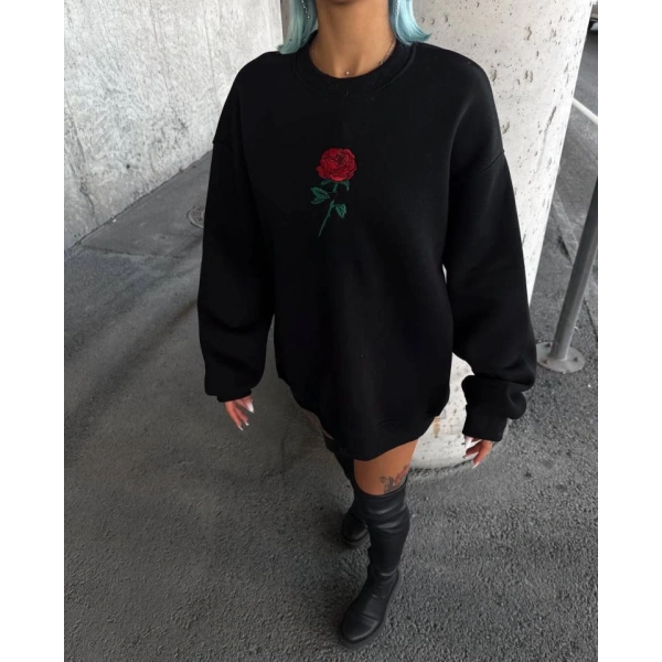 Biçomi Oversize Üç İplik Bisiklet Yaka Baskılı SweatShirt - Siyah