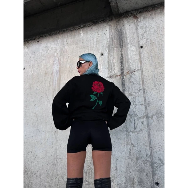 Biçomi Oversize Üç İplik Bisiklet Yaka Baskılı SweatShirt - Siyah