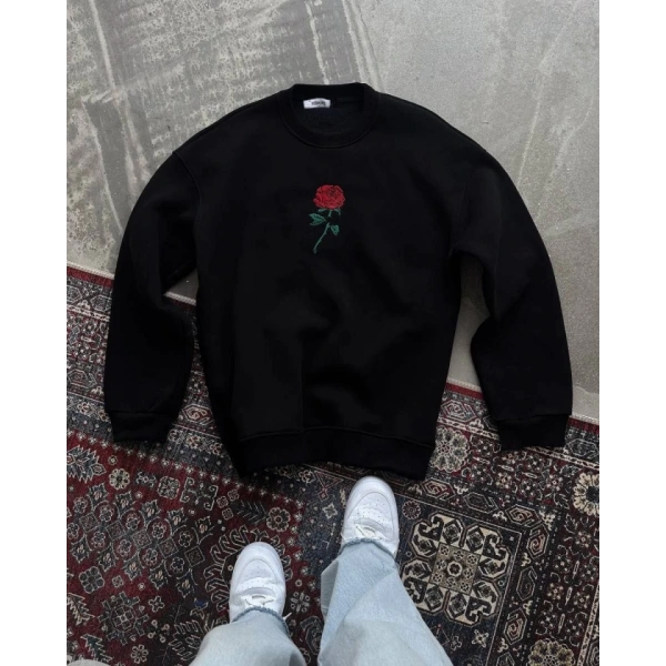 Biçomi Oversize Üç İplik Bisiklet Yaka Baskılı SweatShirt - Siyah