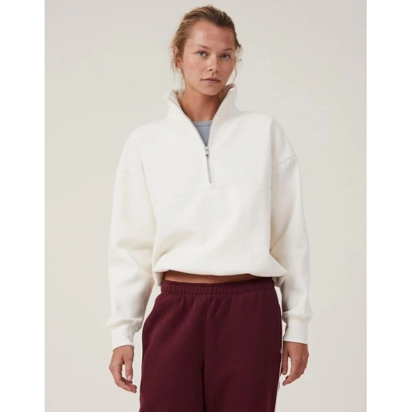 Biçomi Oversize Yarım Farmuarlı Yakalı Basic SweatShirt - Beyaz