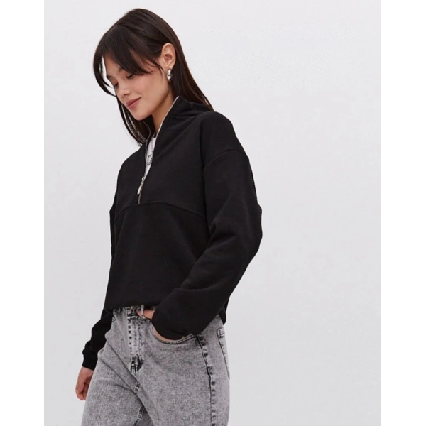 Biçomi Oversize Yarım Farmuarlı Yakalı Basic SweatShirt - Siyah