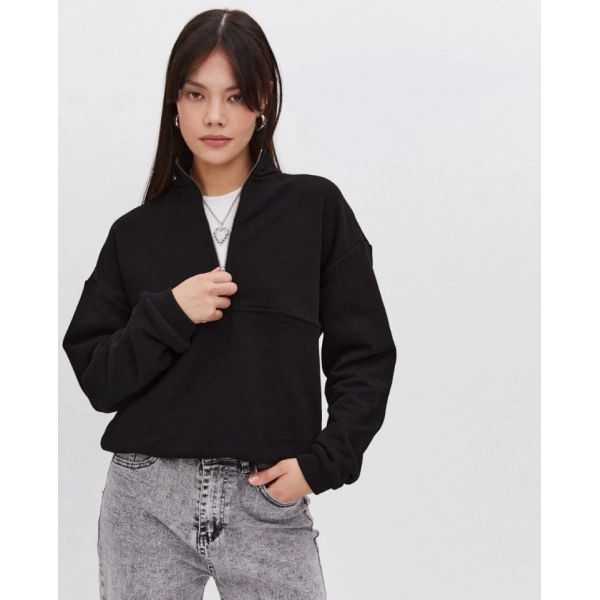 Biçomi Oversize Yarım Farmuarlı Yakalı Basic SweatShirt - Siyah