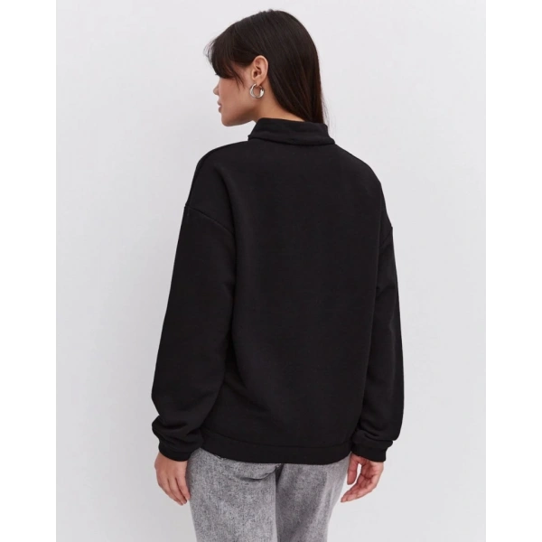 Biçomi Oversize Yarım Farmuarlı Yakalı Basic SweatShirt - Siyah