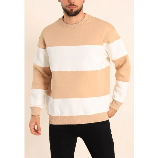 Biçomi Parçalı Bisiklet Yaka Baskılı SweatShirt - Bej