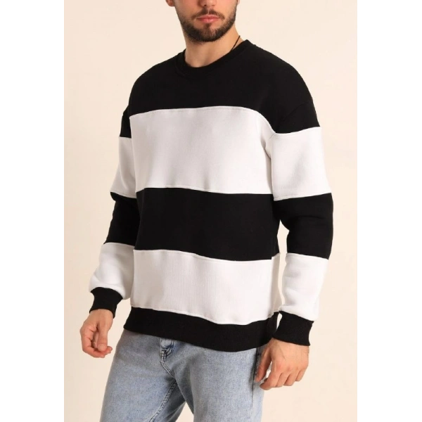 Biçomi Parçalı Bisiklet Yaka Baskılı SweatShirt - Siyah