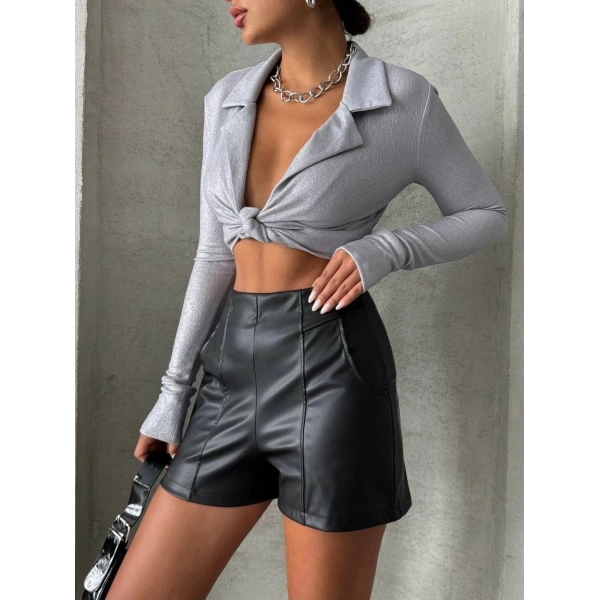 BİÇOMİ Parçalı cepli deri şort siyah w26312