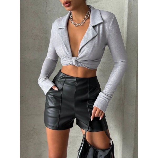 BİÇOMİ Parçalı cepli deri şort siyah w26312