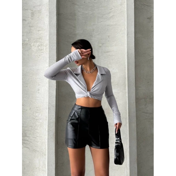 BİÇOMİ Parçalı cepli deri şort siyah w26312