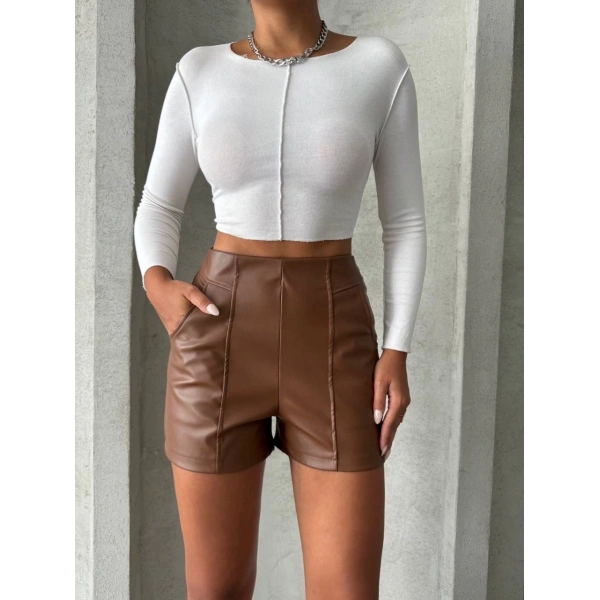 BİÇOMİ Parçalı cepli deri şort taba w26312