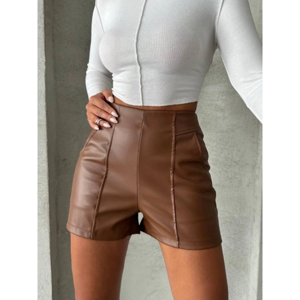 BİÇOMİ Parçalı cepli deri şort taba w26312