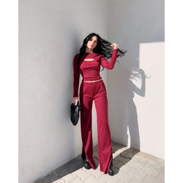 BİÇOMİ Pencereli detaylı alt üst takım bordo w3864