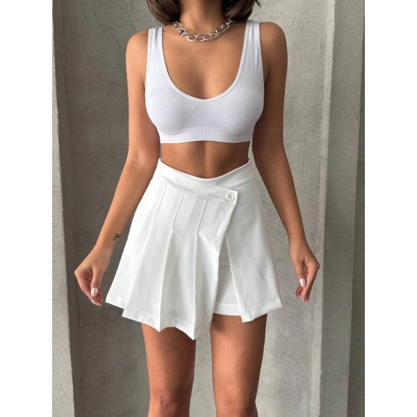 BİÇOMİ Piliseli düğmeli şort etek beyaz s25813