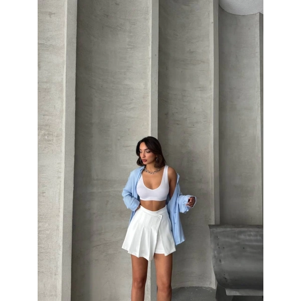 BİÇOMİ Piliseli düğmeli şort etek beyaz s25813