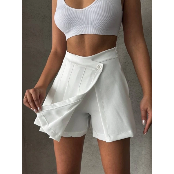 BİÇOMİ Piliseli düğmeli şort etek beyaz s25813