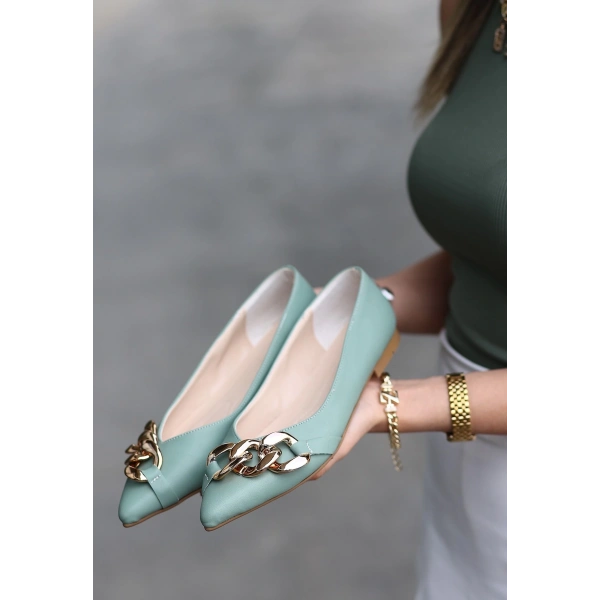 BİÇOMİ Popi Mint Yeşili Cilt Zincirli Babet Ayakkabı