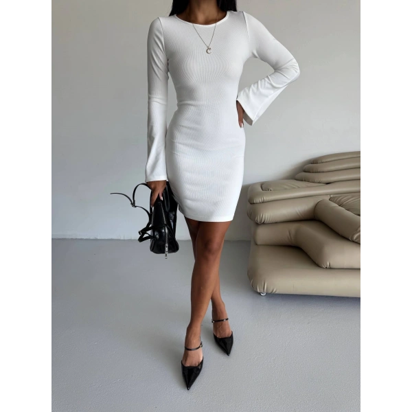 BİÇOMİ Prenses kol esnek kumaş elbise beyaz f2334