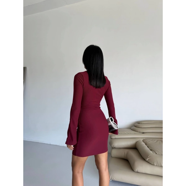 BİÇOMİ Prenses kol esnek kumaş elbise bordo f2334