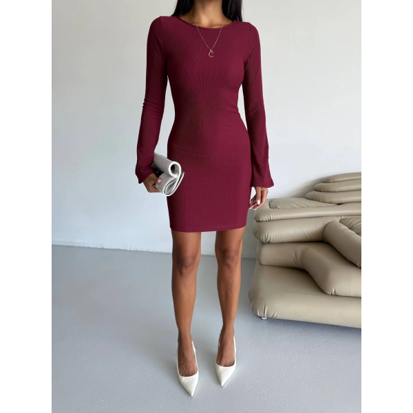 BİÇOMİ Prenses kol esnek kumaş elbise bordo f2334