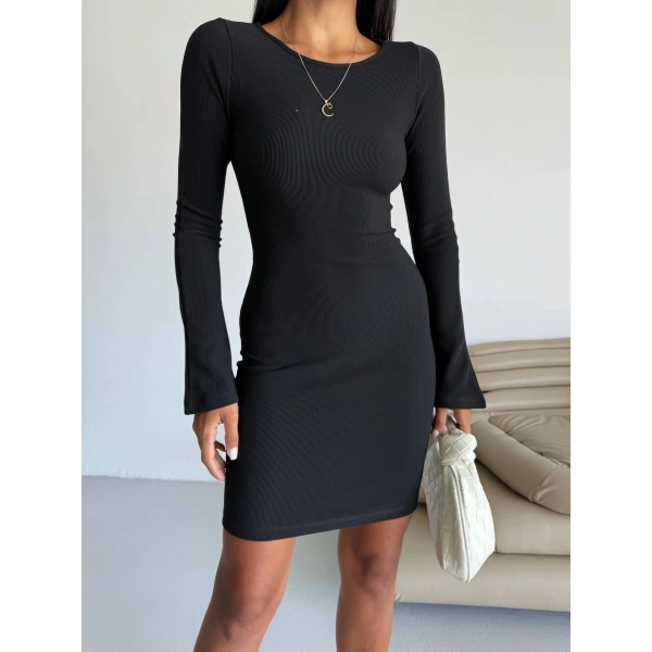 BİÇOMİ Prenses kol esnek kumaş elbise siyah f2334