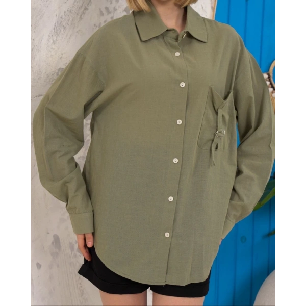 BİÇOMİ Relax fit keten gömlek haki s255349