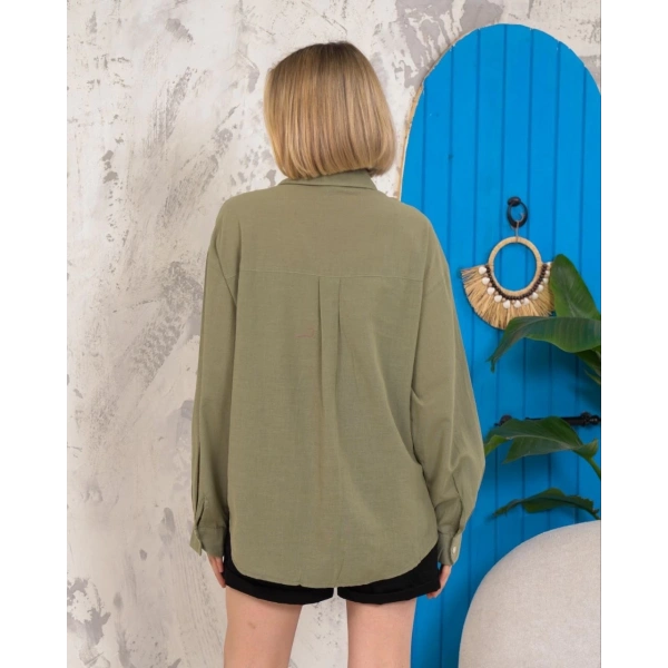 BİÇOMİ Relax fit keten gömlek haki s255349